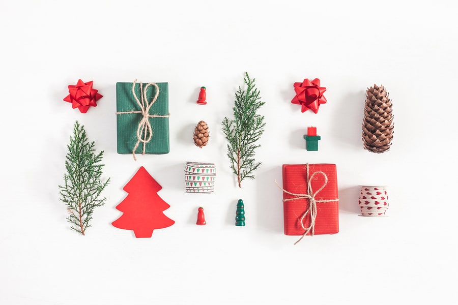 Christmas Gifts, Pine Branches, Toys On White Background.