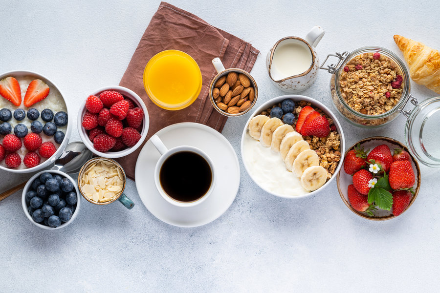 Healthy Breakfast Set On Grey Background.