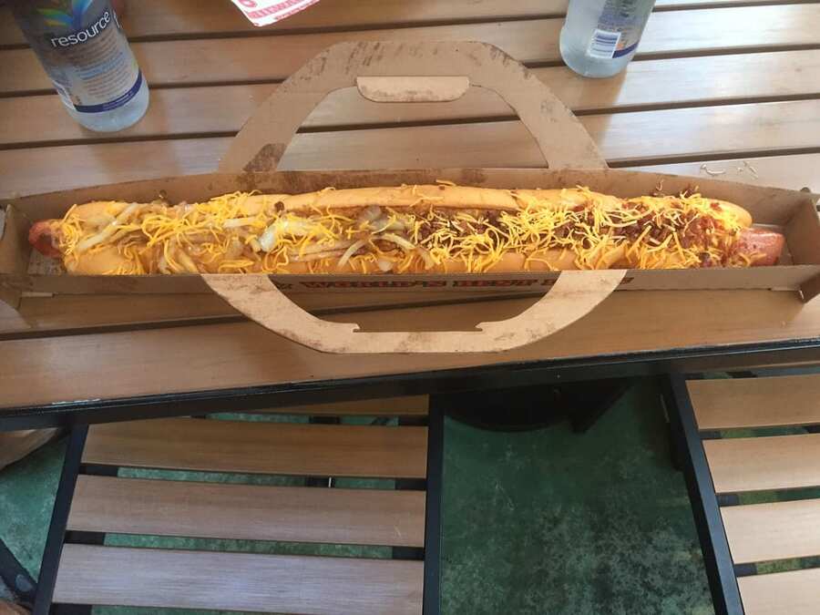 The Two-Foot Dog. Half Bacon And Cheese , And Half Cheese And Onion.