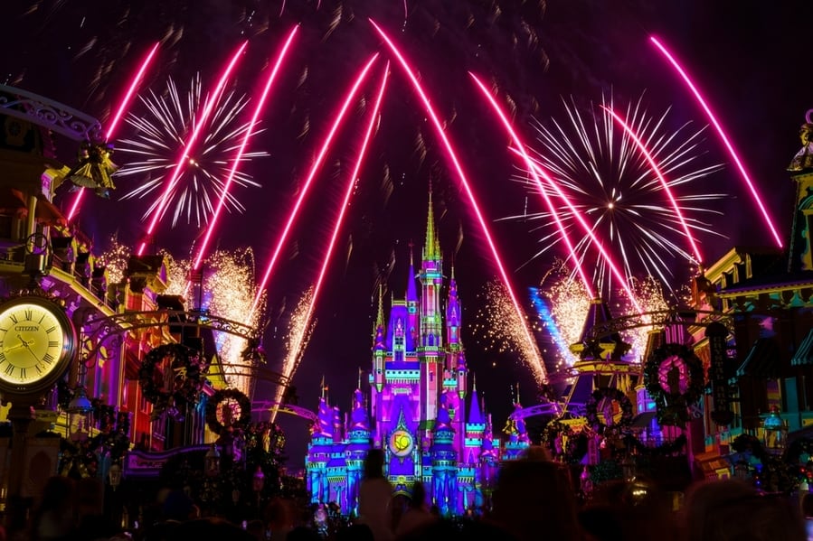 Spectacular Fireworks Display On The Castle At Magic Kingdom. Centered View Of The Castle.