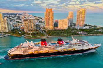Starboard Side Aerial View Of Disney Cruise Ship Disney Magicas It Departs Miami.