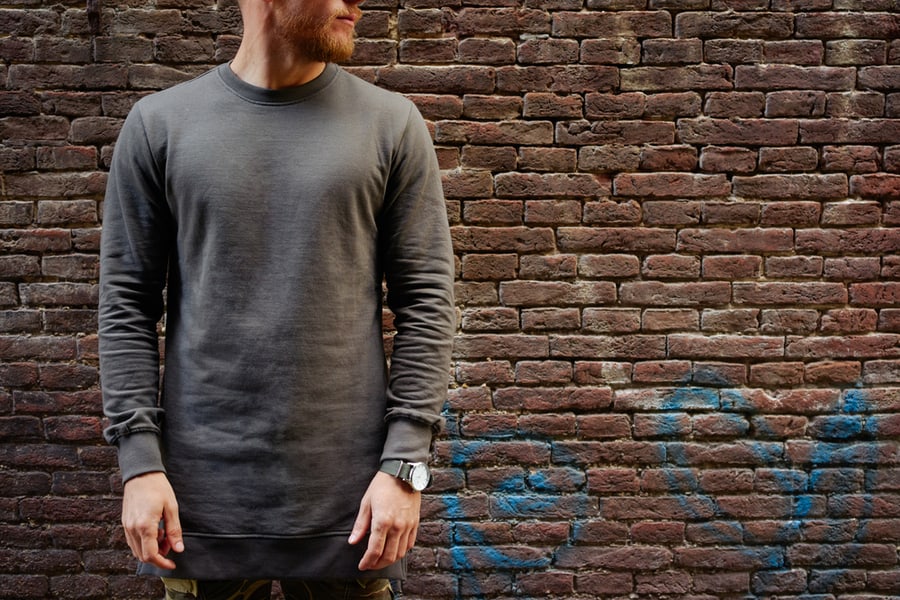 A Cropped Photo Of A Bearded Hipster Guy Wearing Blank Gray Long Sleeve T-Shirt