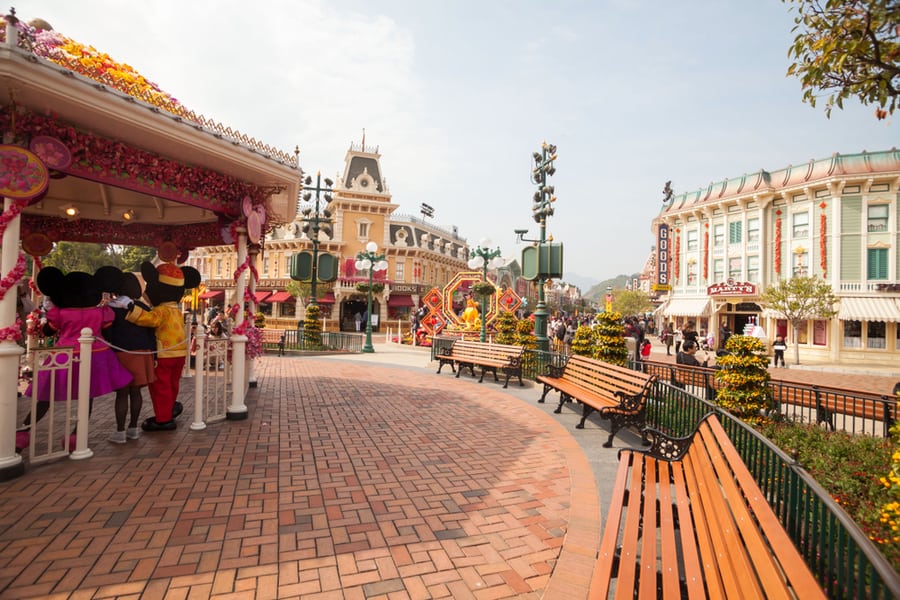 Hong Kong Disneyland View During Winter With Tourists