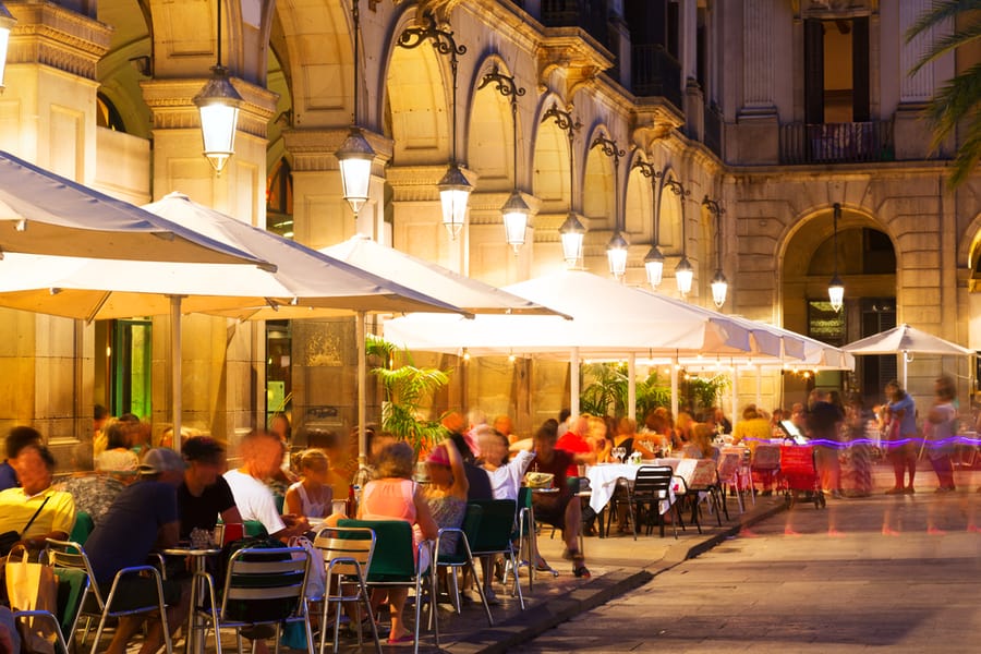 Outdoor Restaurants At Placa Reial In Night