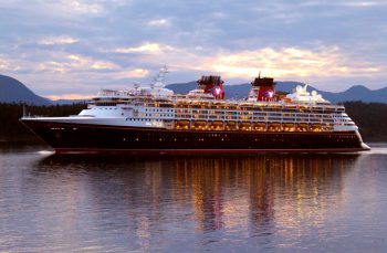 The Disney Wonder Cruise Ship Leaves Ketchikan Alaska During Sunset